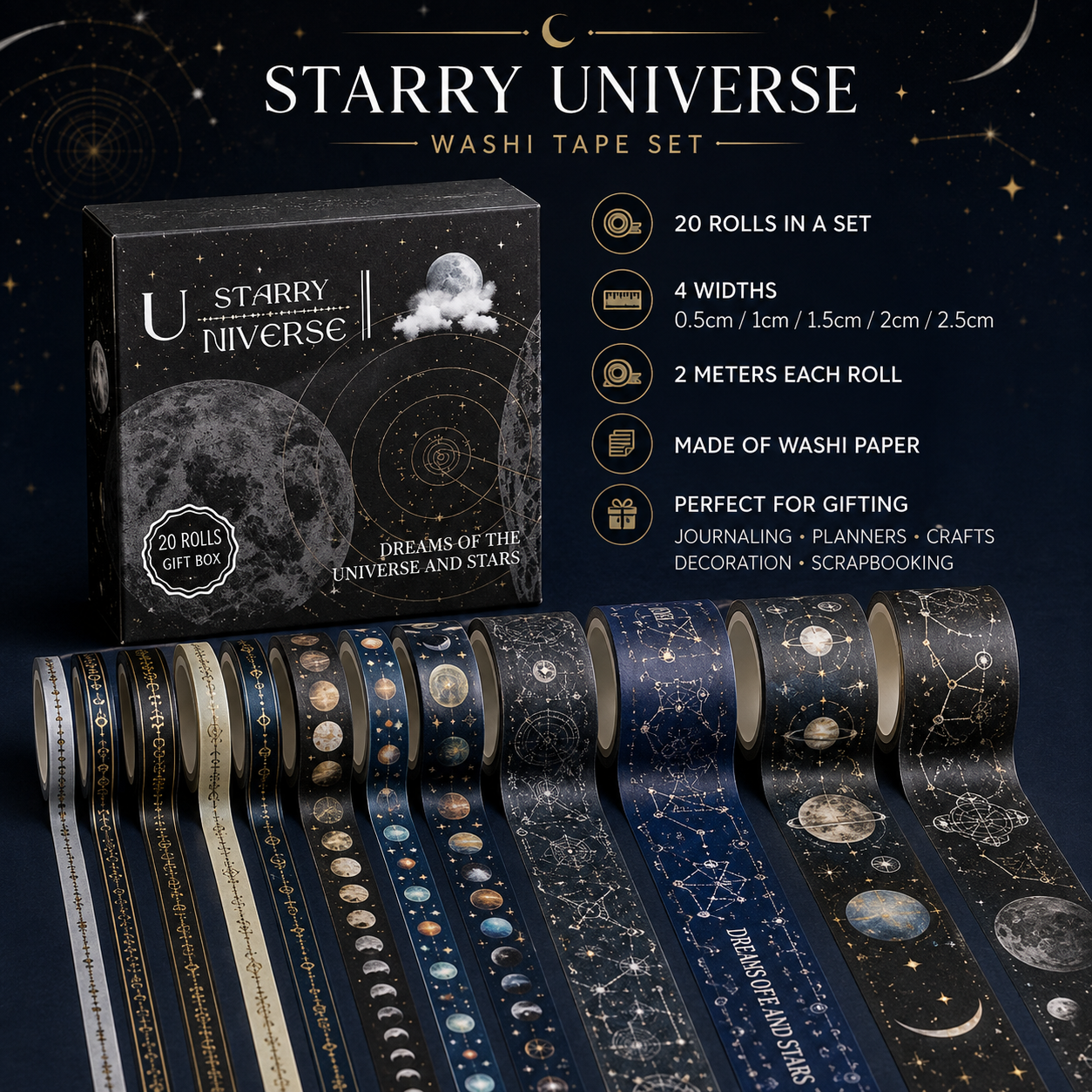 Starry Universe Washi Tape Set – 20 Rolls